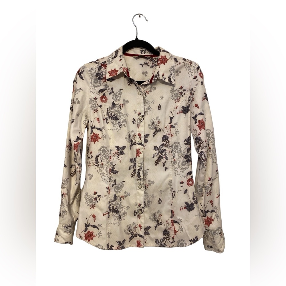 Women’s Small Natural Reflections Pearl Snap Suede Velvet Floral Long Sleeve